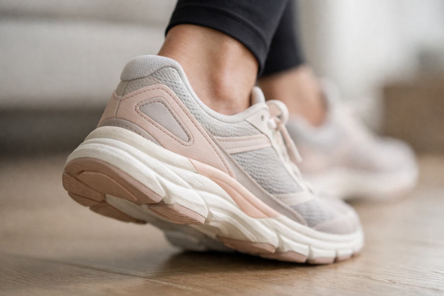 Detailed view of a shoe's heel counter and cushioned midsole construction suitable for heel bursitis support