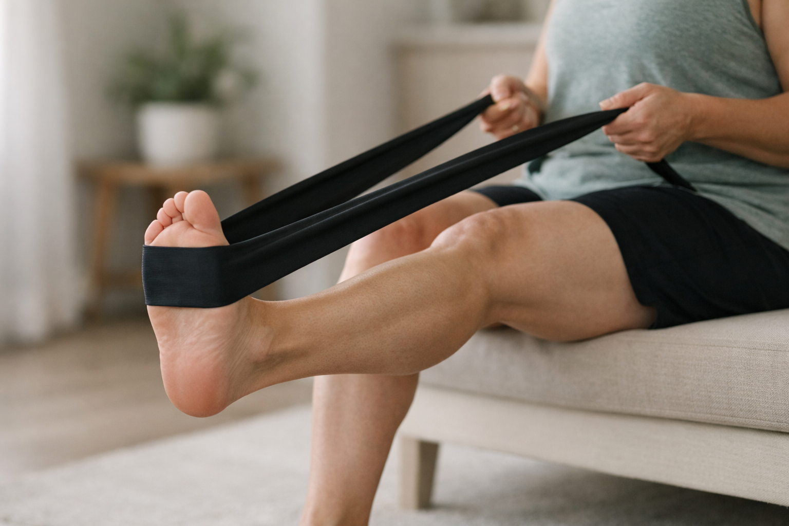 Demonstration of isometric calf strengthening with neutral ankle position for safe heel bursitis conditioning