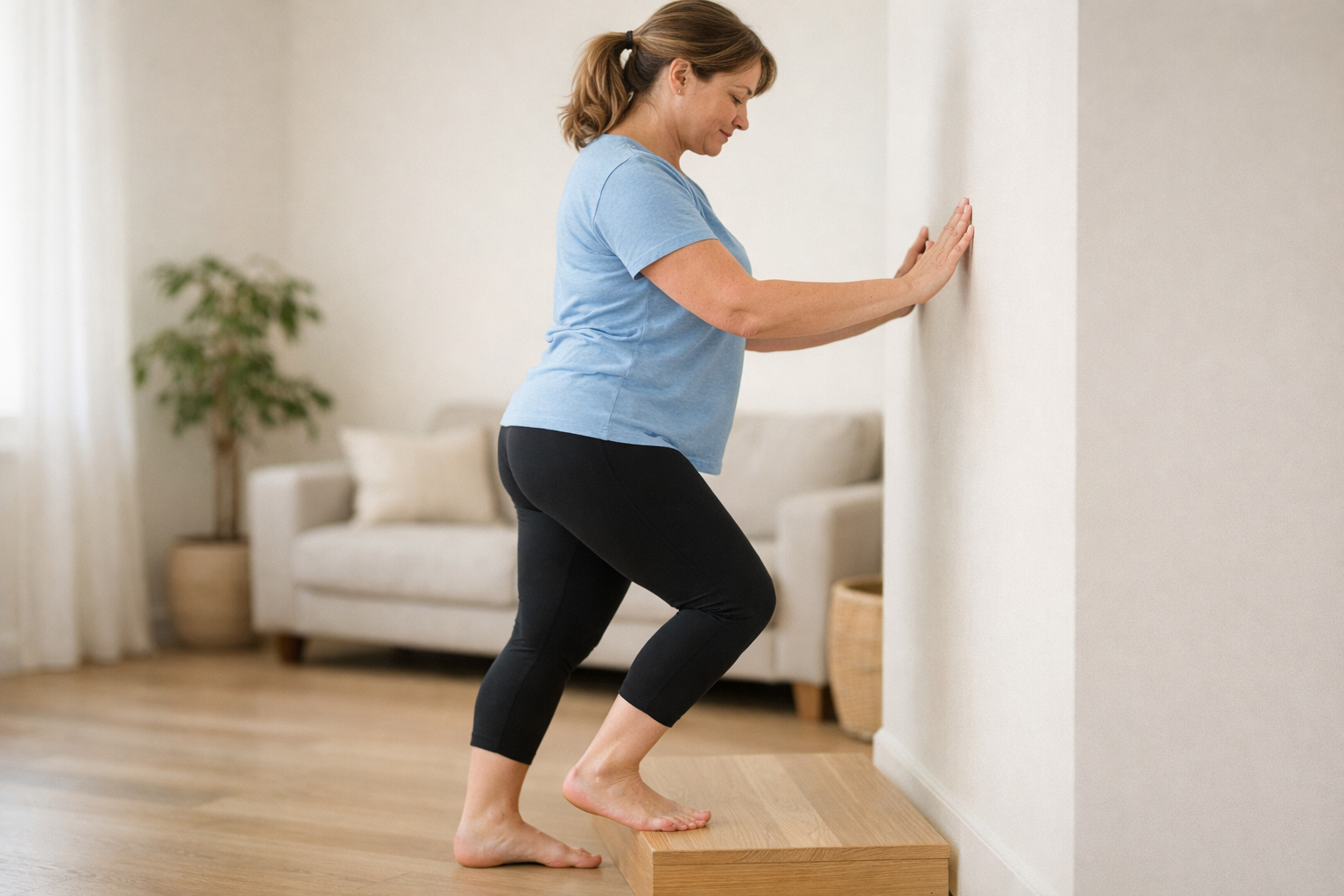 Person performing a controlled graded loading exercise for tendon rehabilitation