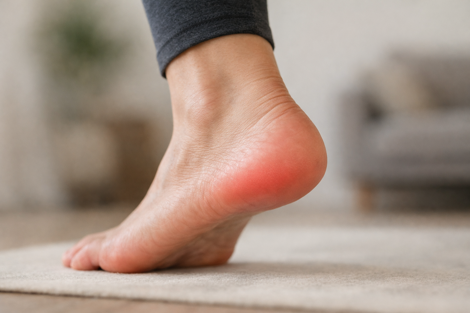 Close-up view of a heel and foot, illustrating the common location of heel pain.