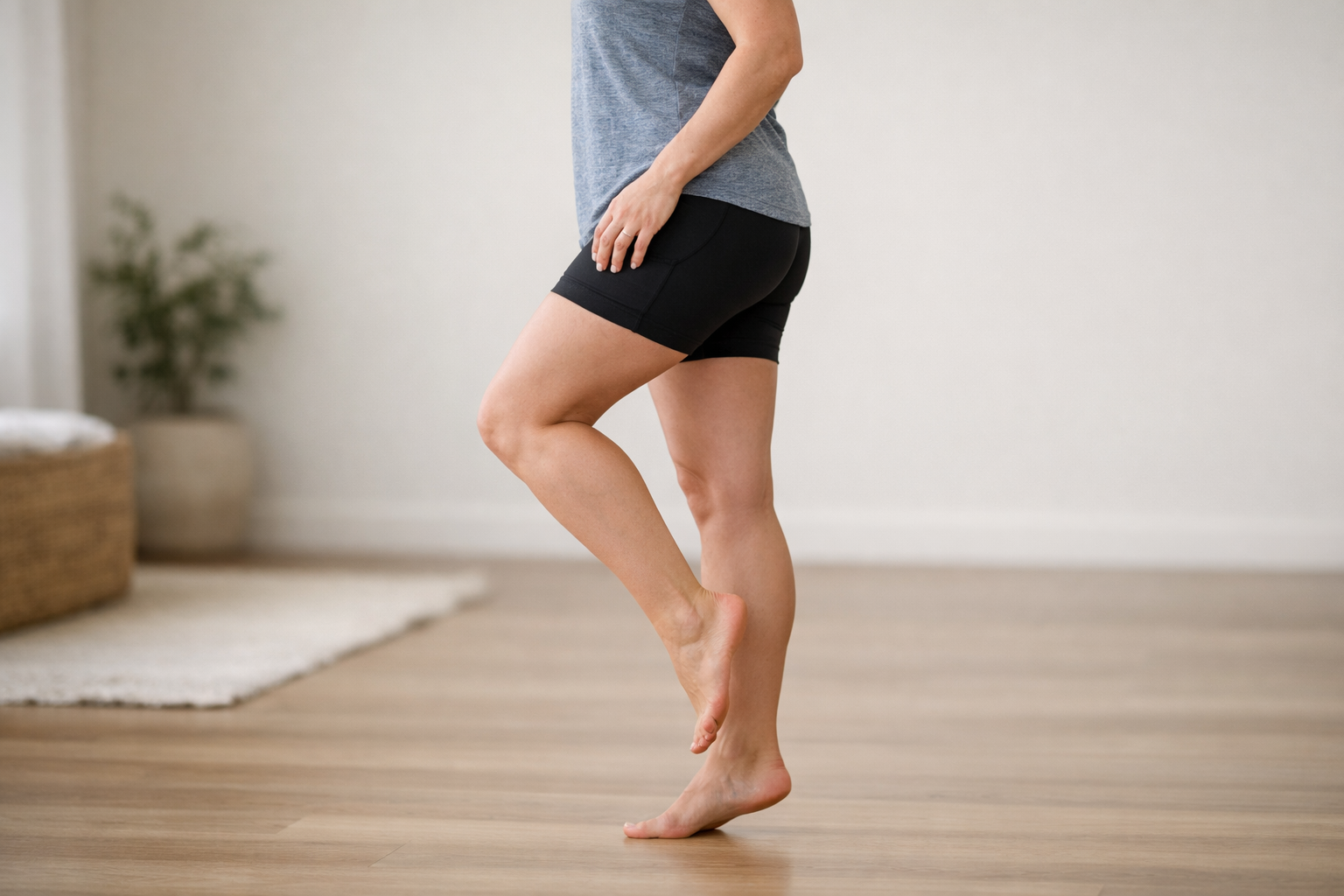 Demonstration of a single-leg heel raise exercise for foot and calf strengthening.