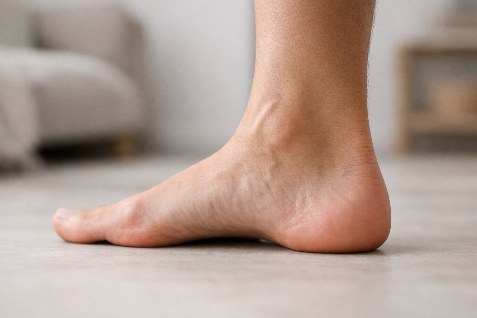 Close-up of a foot showing the heel and arch area where plantar fascia runs