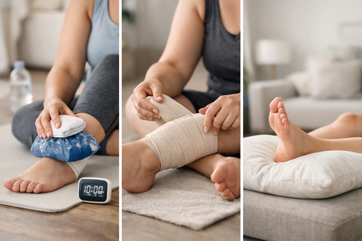 First aid steps for a rolled ankle including ice, compression wrapping, and elevation