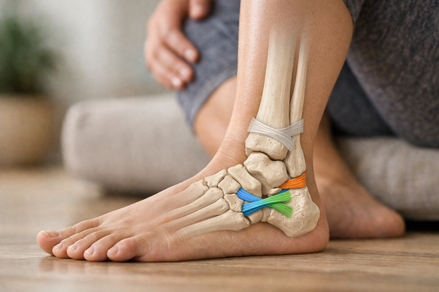 Anatomical illustration of ankle ligaments showing the outside ankle ligaments and higher ankle structures