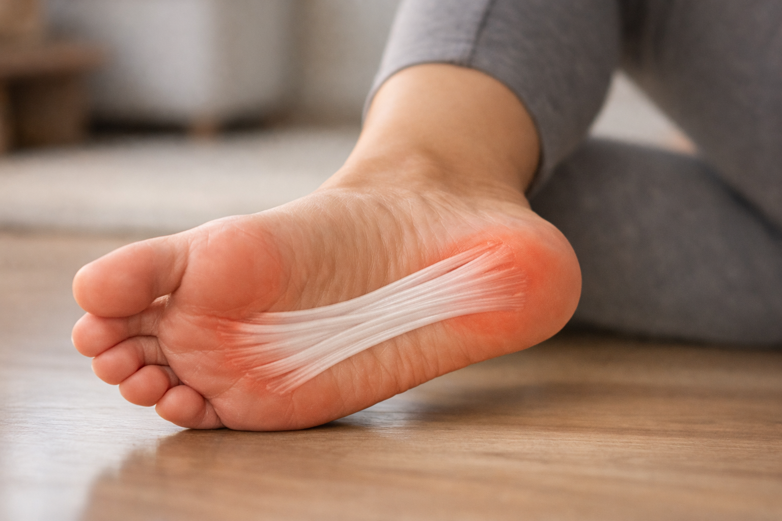 Bottom of foot showing arch and heel where plantar fascia is located