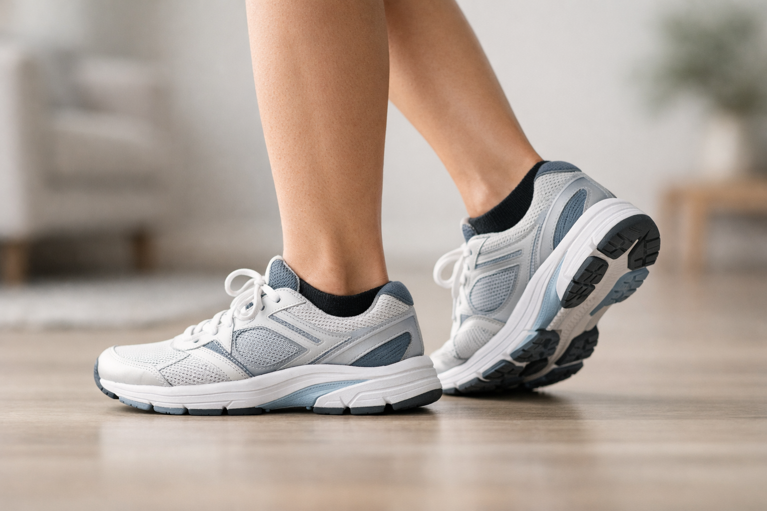 Person wearing supportive shoes standing on a level surface