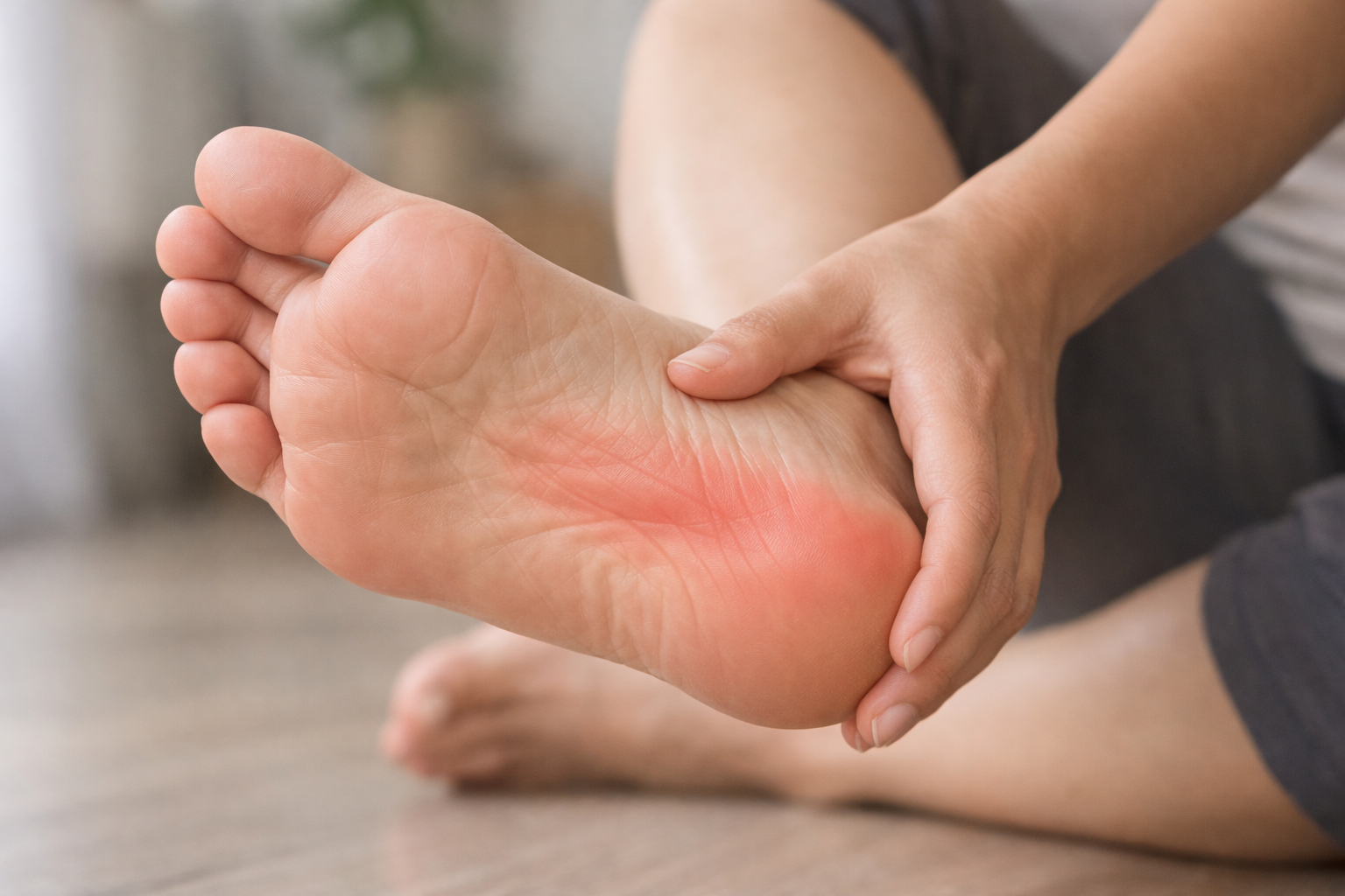 Close-up view of the bottom of a foot highlighting the heel and arch area where plantar fasciitis occurs.