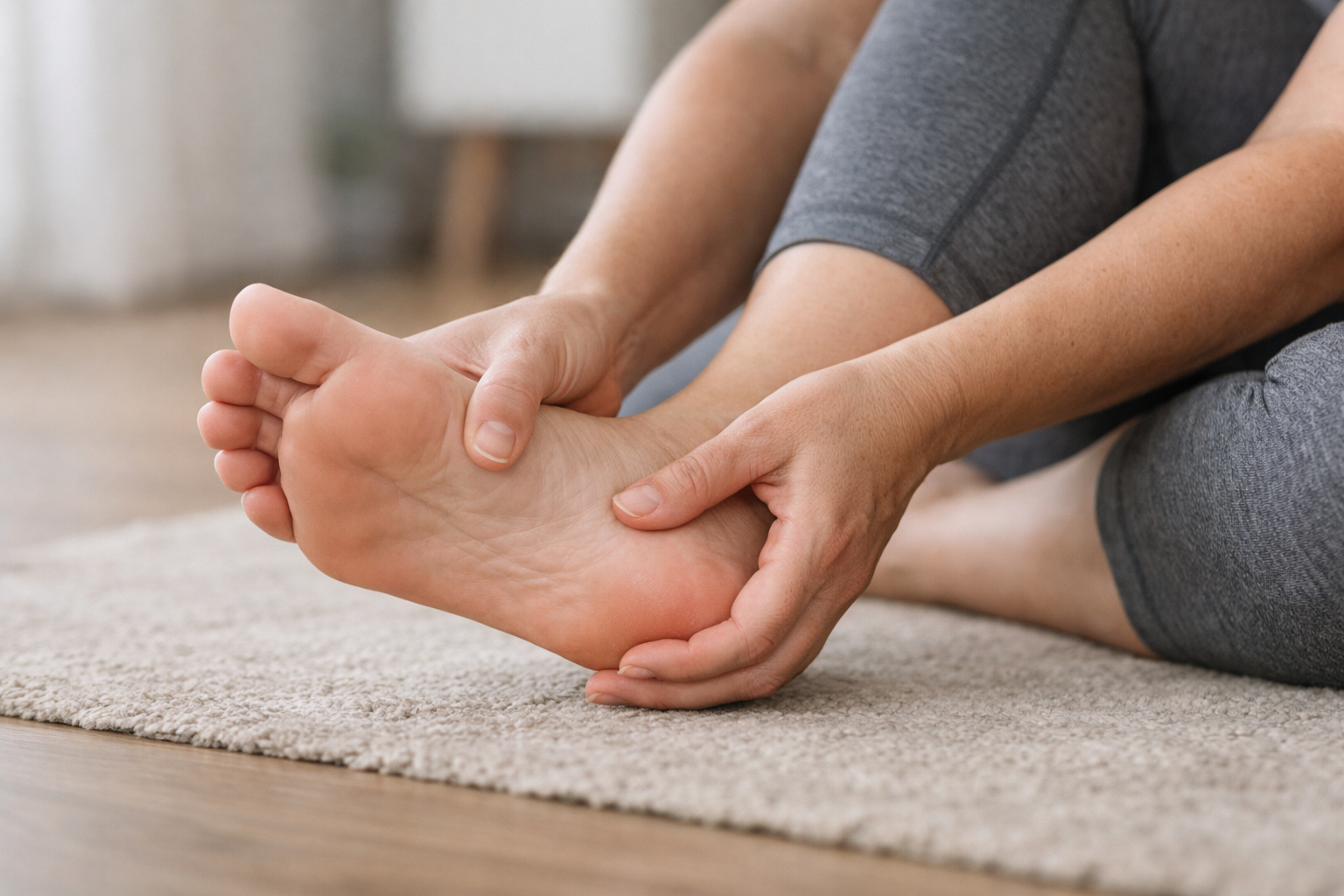 Person using hand pressure on their heel and arch to assess pain location and tissue tenderness during foot self-examination.