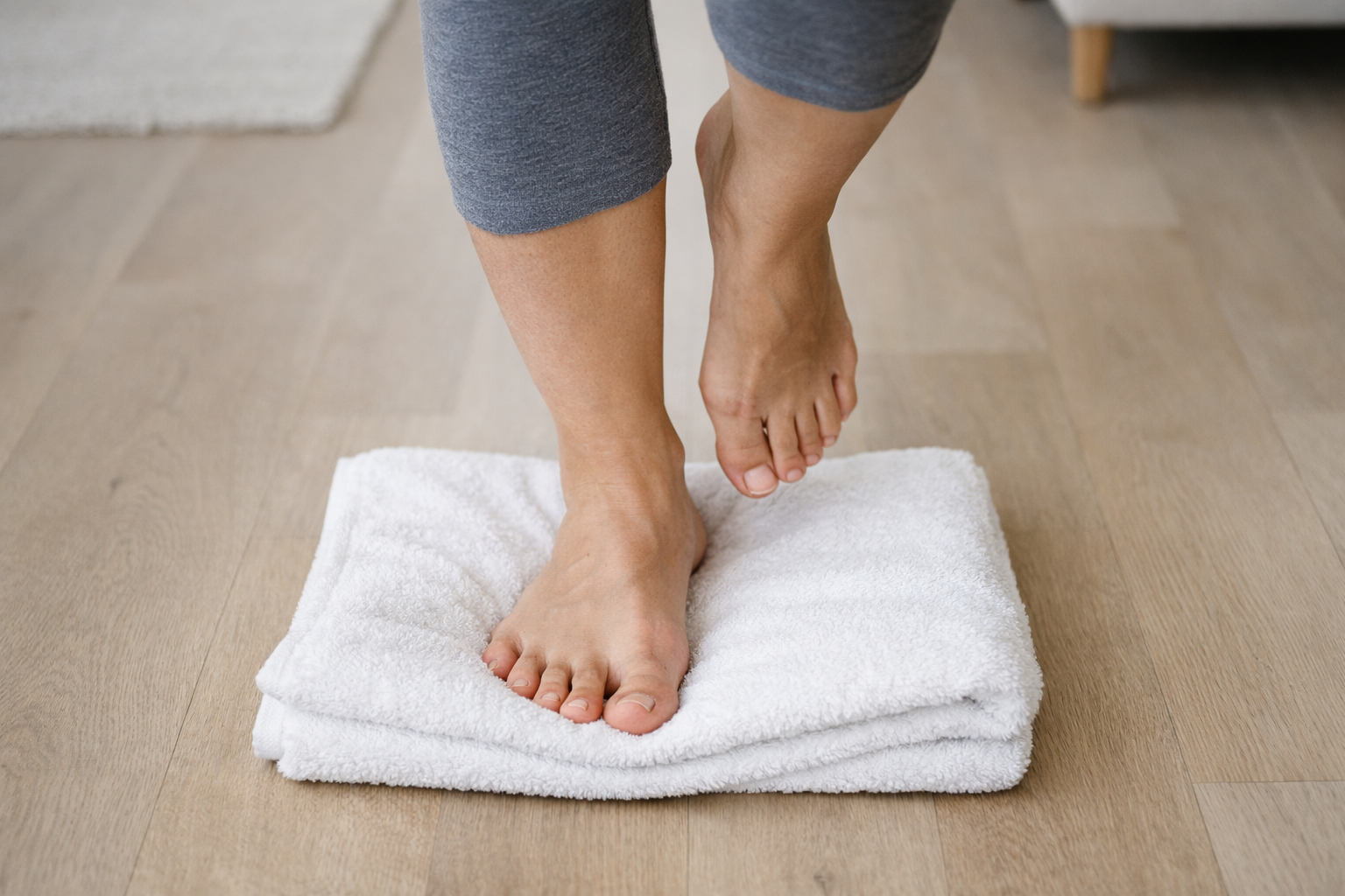 Overhead view of balance work exercise on a towel demonstrating arch activation