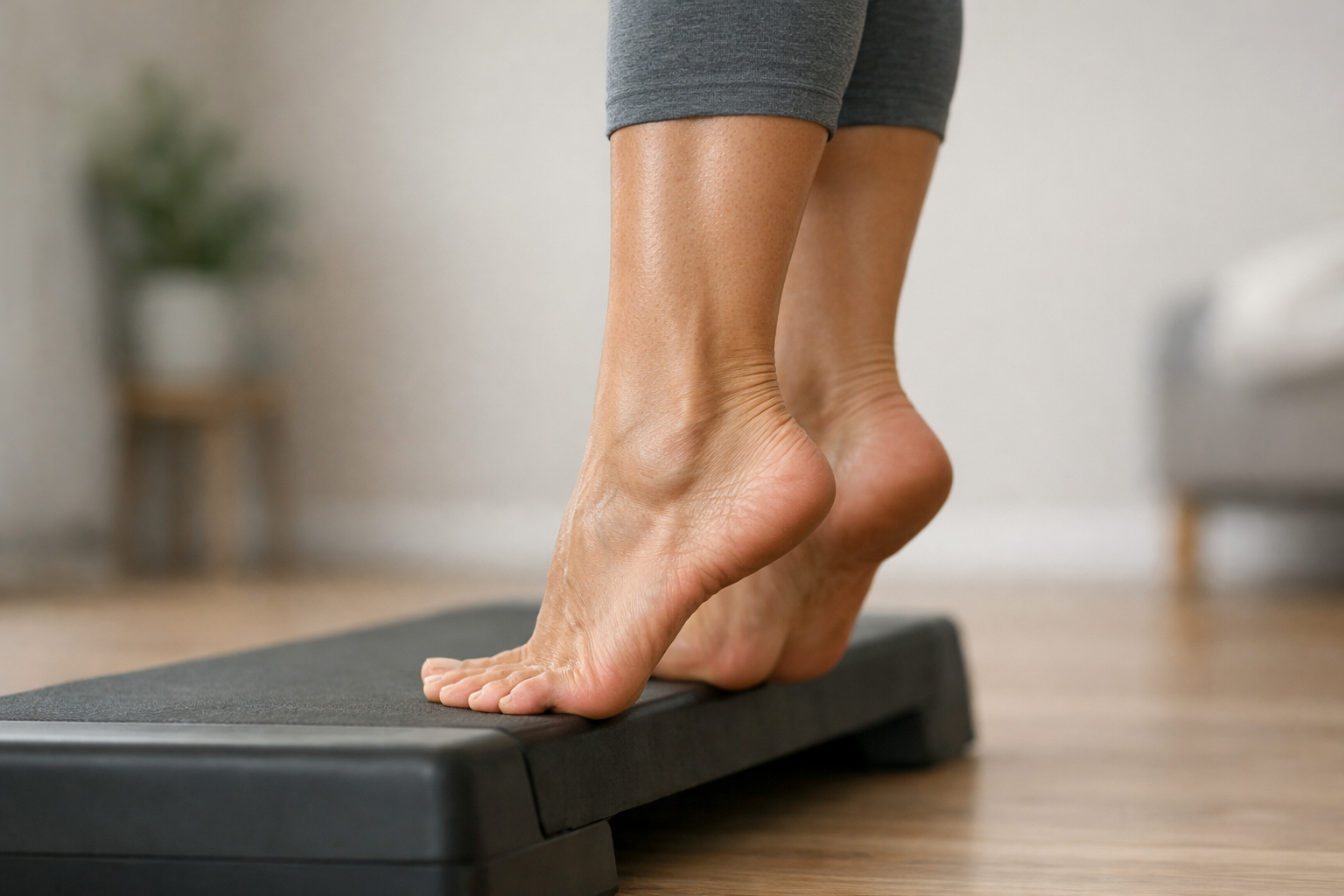 Person performing a standing calf raise exercise to strengthen the plantar fascia and calf muscles