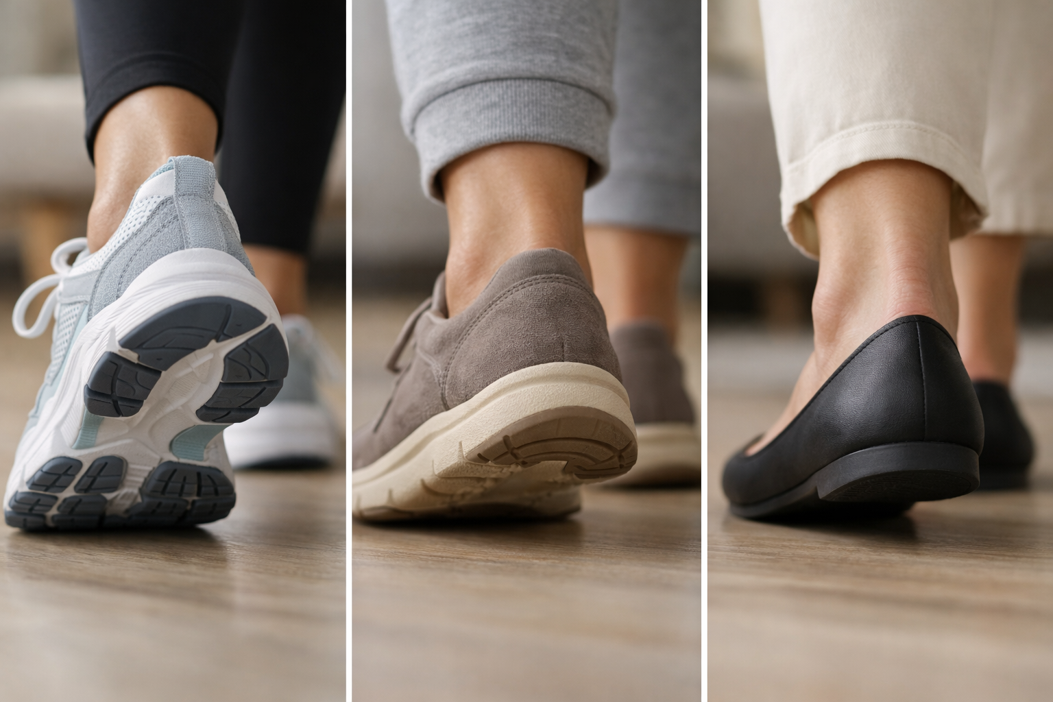 Assortment of supportive shoes with varying heel heights and cushioning to manage heel spur load