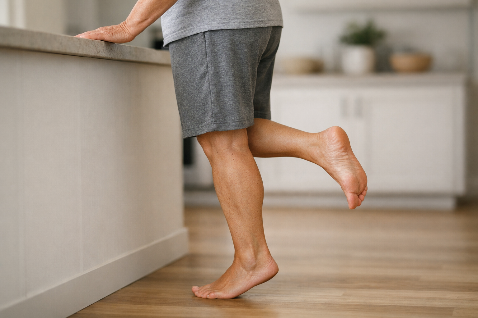 Older adult doing a single-leg heel raise exercise at a counter for ankle strengthening