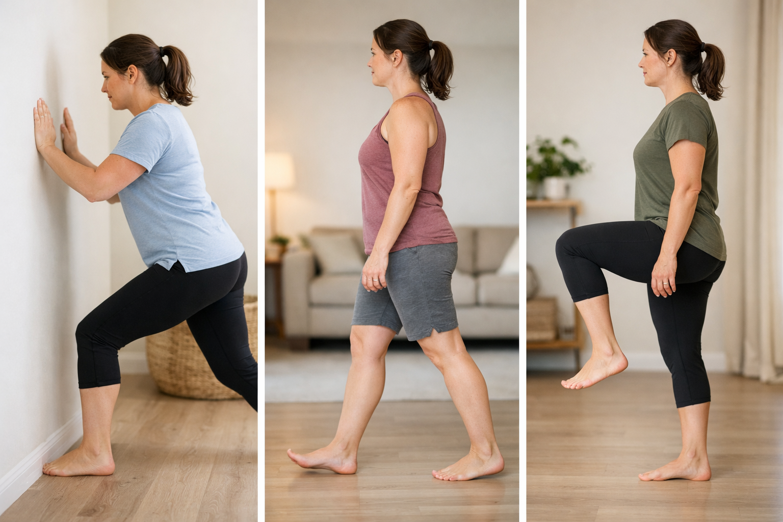 Ankle motion and balance exercises including knee-to-wall, heel walks, and single-leg stands