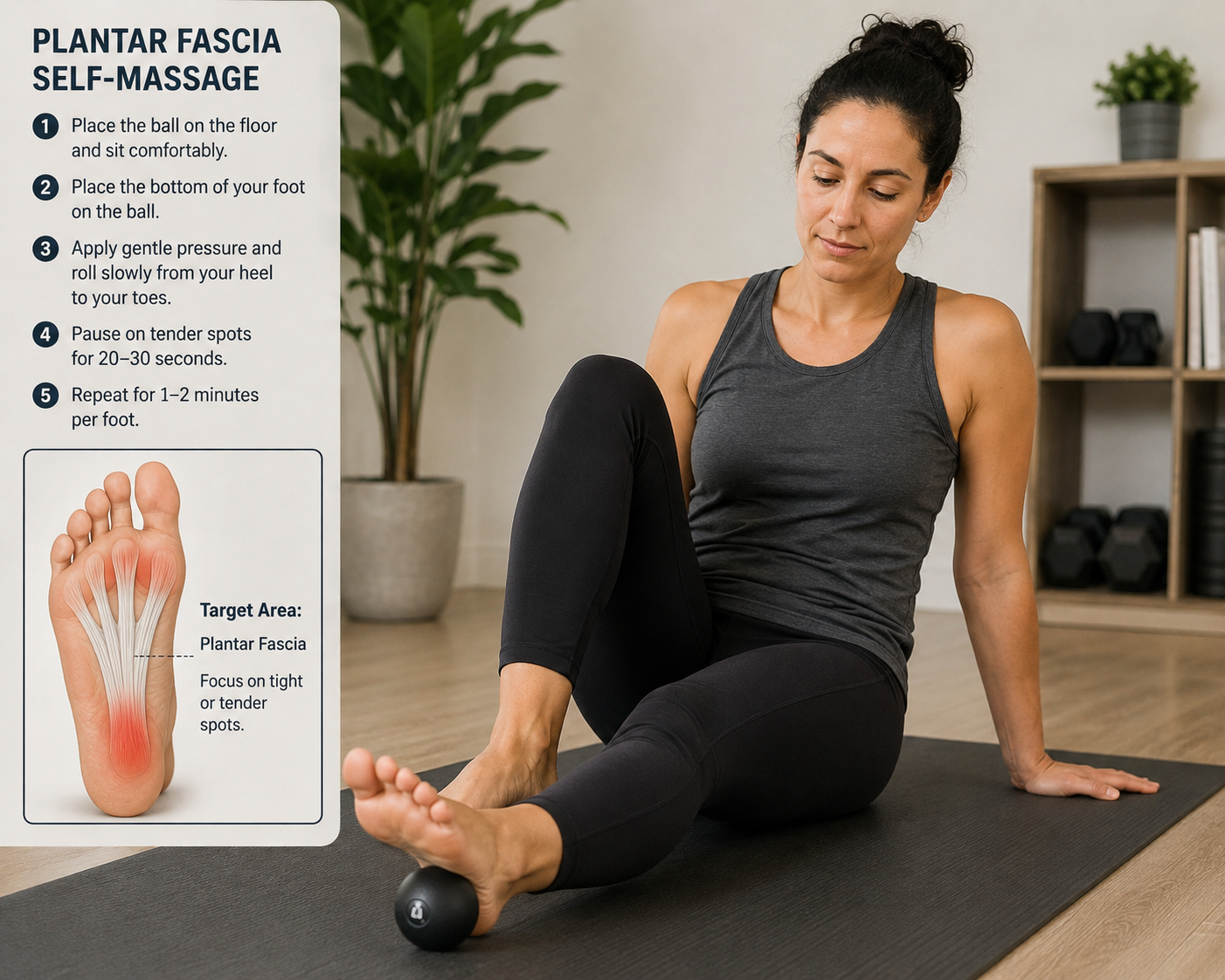 Person massaging their foot arch with a massage ball to reduce sensitivity and tension.