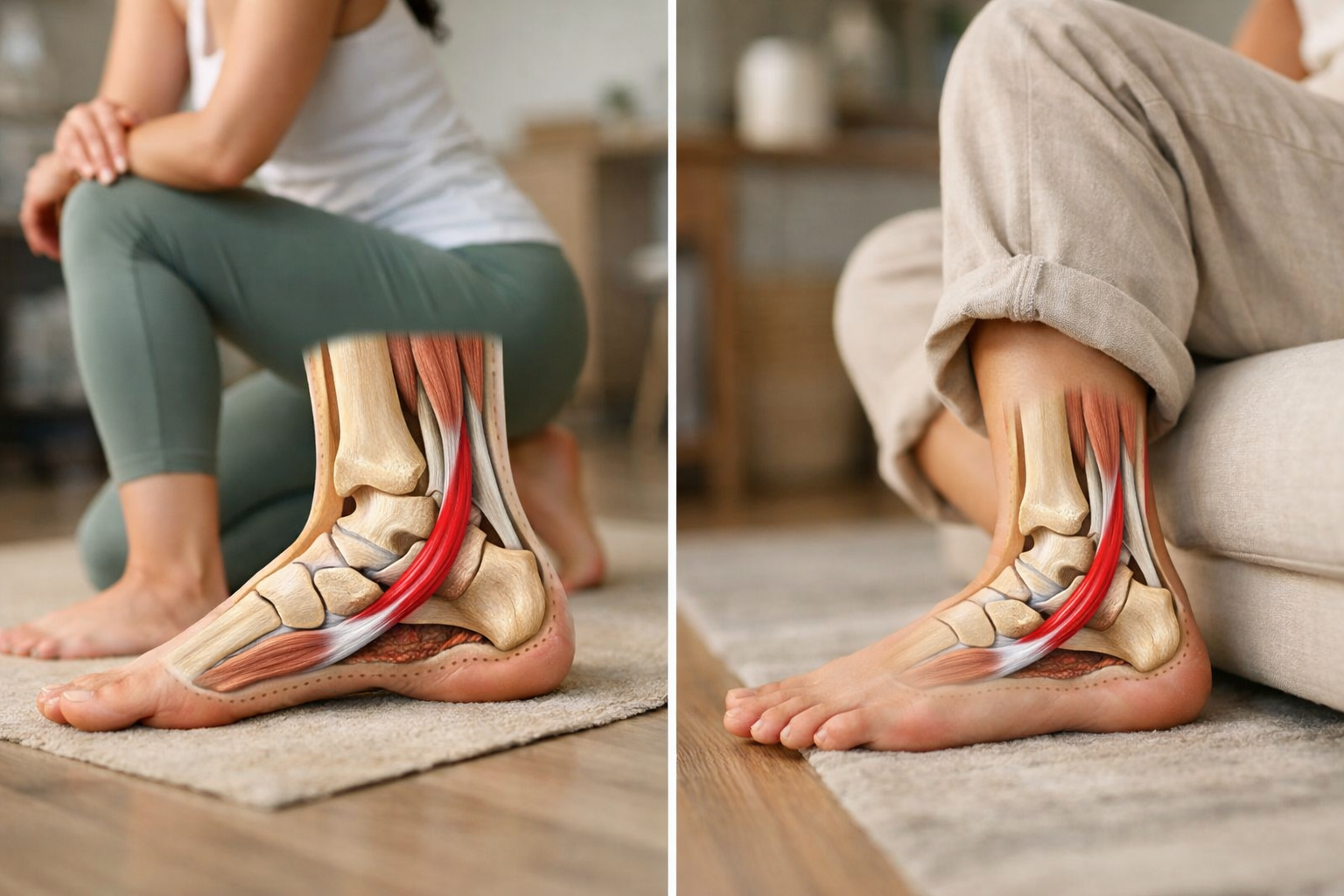 Anatomical illustration of the posterior tibial tendon along the inside of the ankle.