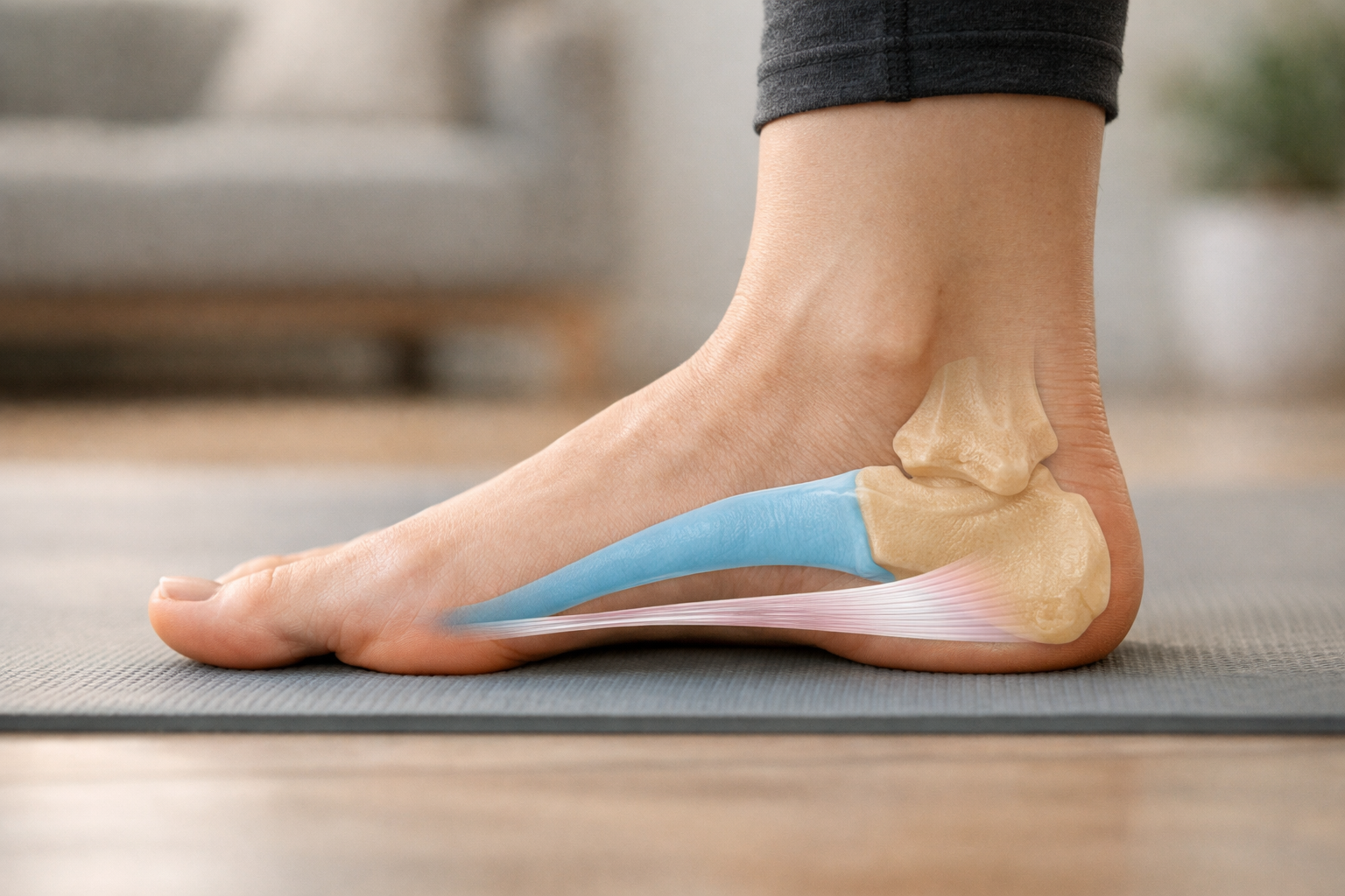 Anatomical illustration showing the heel bone and plantar fascia tissue in the foot
