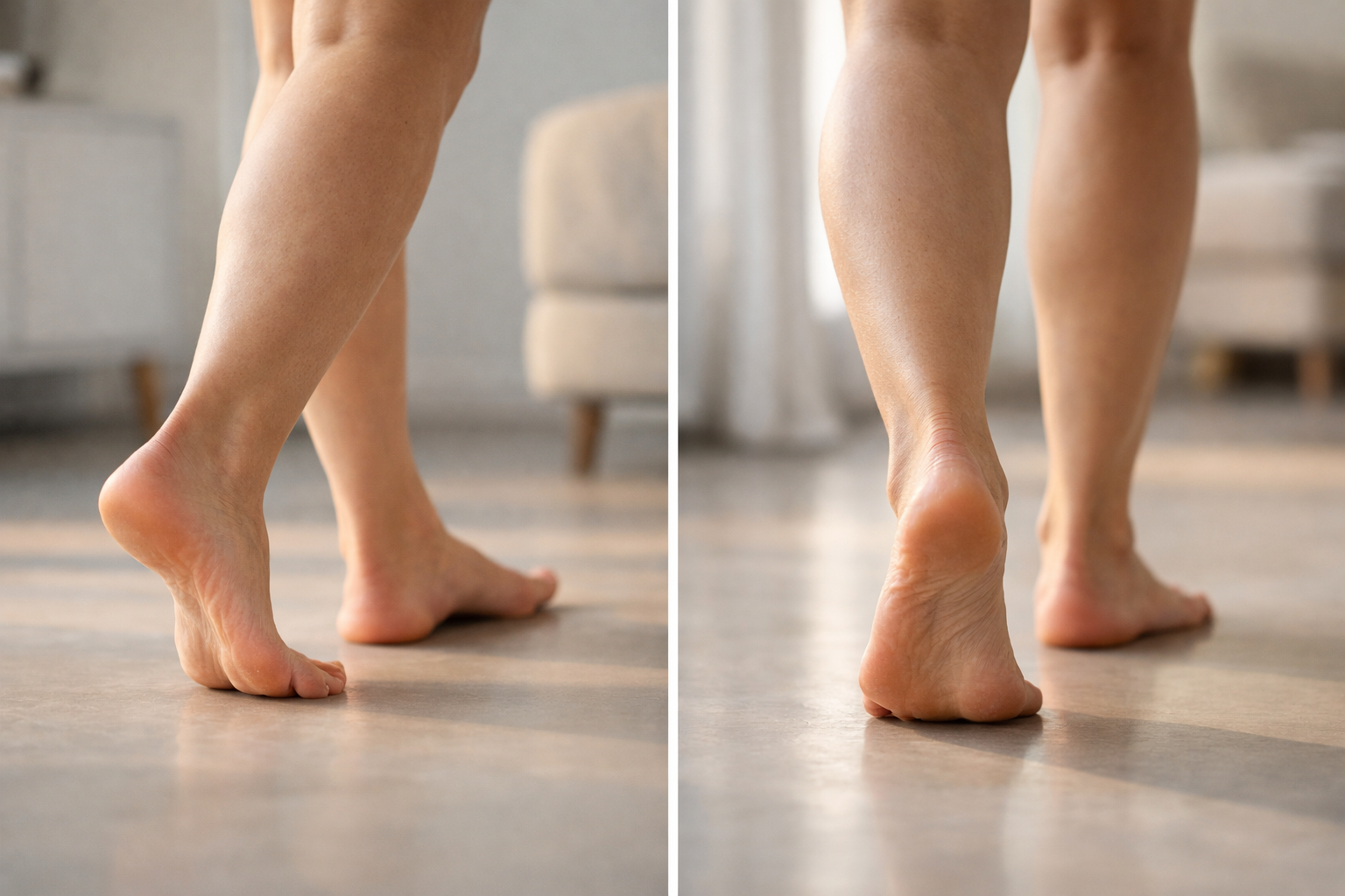Person walking barefoot on hard flooring at home in the morning