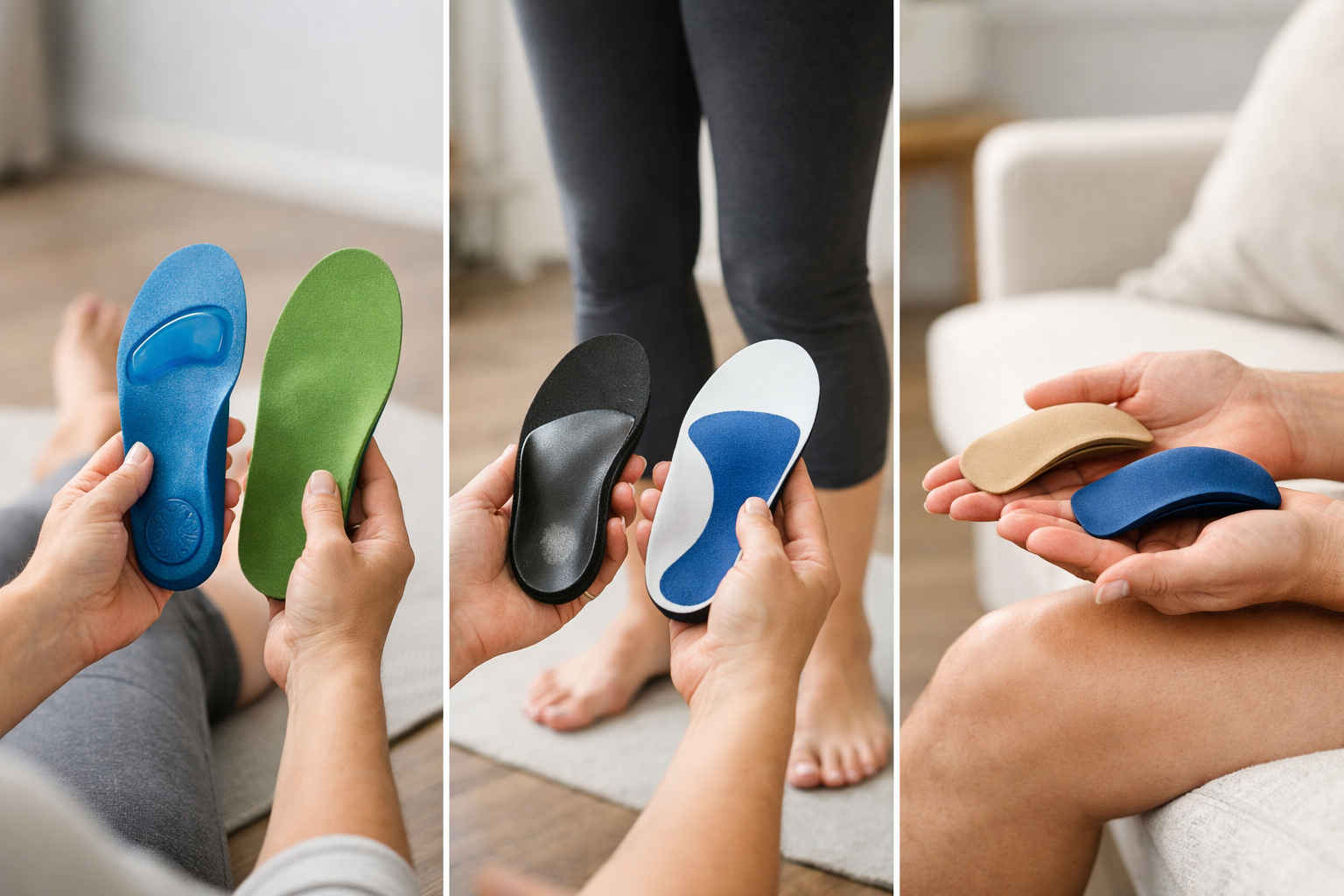 Various types of shoe inserts and arch supports shown for comparison